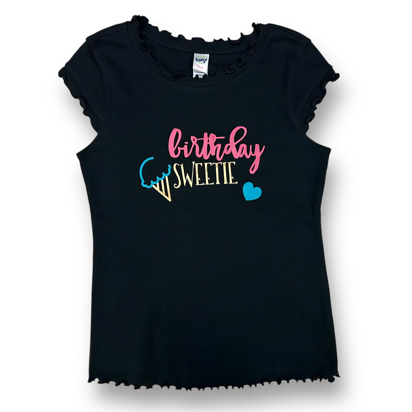 Girls Size 7/8 Black Birthday Shirt Short Flutter Sleeve Top