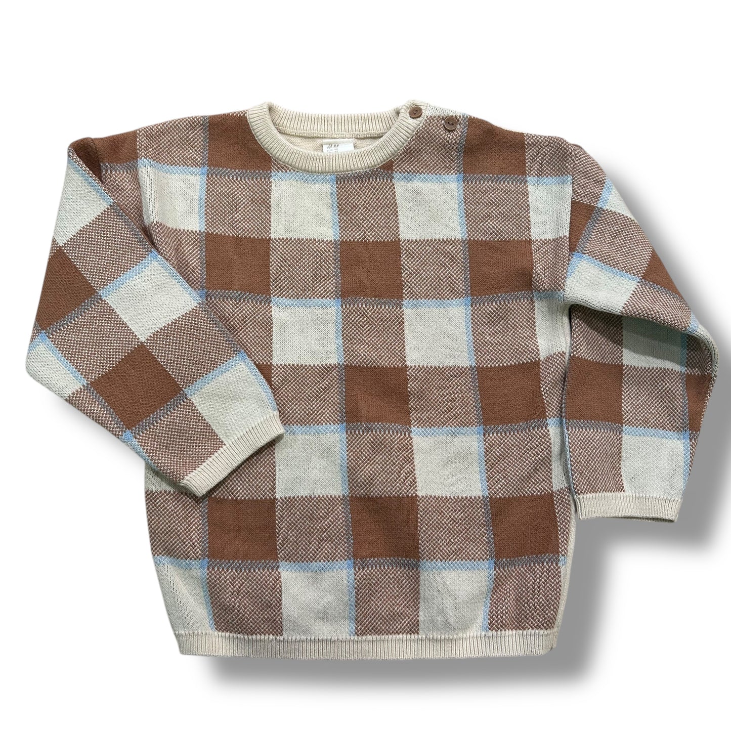 Boys H&M Size 3T Beige & Cream Plaid Button Shoulder Knit Sweater