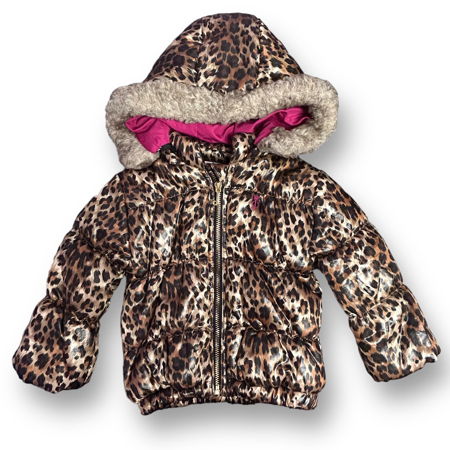 A hooded winter coat for girls with leopard print design and a faux fur lining.