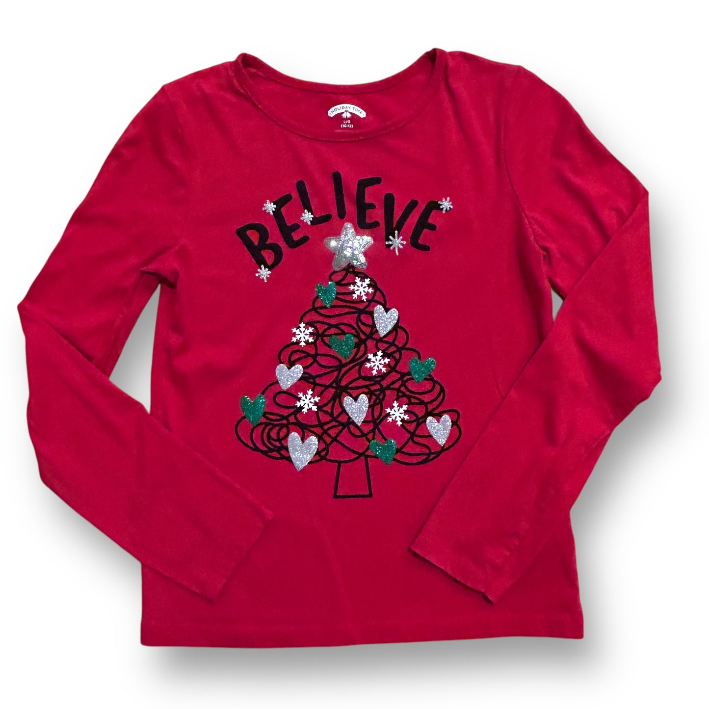 Girls Size 10/12 Youth Christmas Shirt Long Sleeve Red Top with Sequins