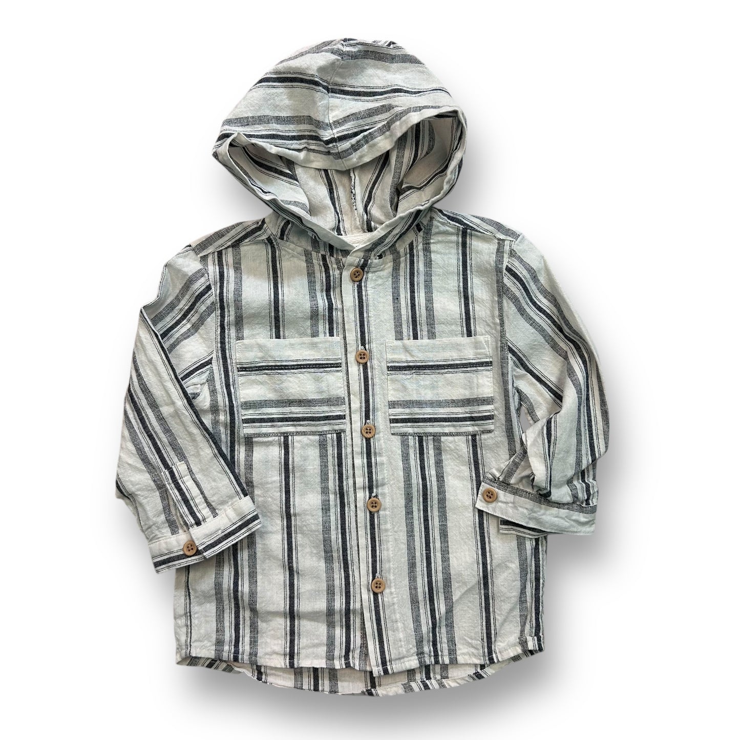 Toddler Boy Size 18 Months Linen Blend Long Sleeve Button Up Hoodie Shirt
