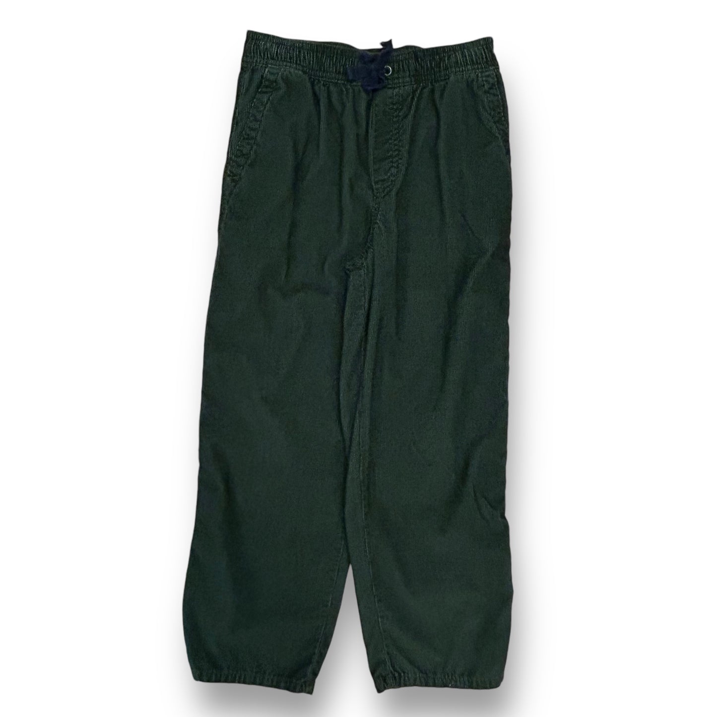 Hunter green cotton corduroy pants for boys, with elastic waistband and drawstrings, displayed against a white background.