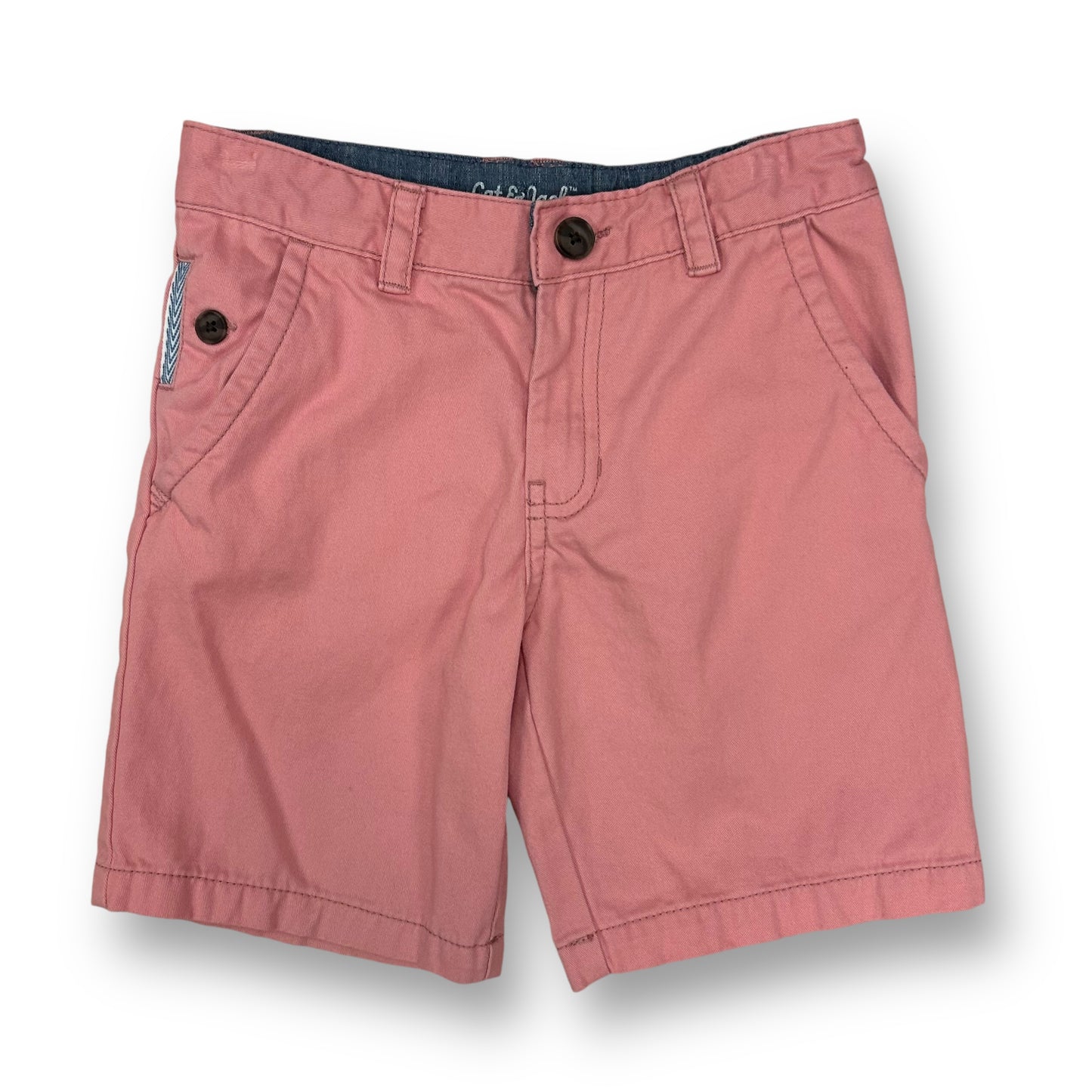 Boys' salmon-colored khaki shorts with adjustable waist and drawstring.