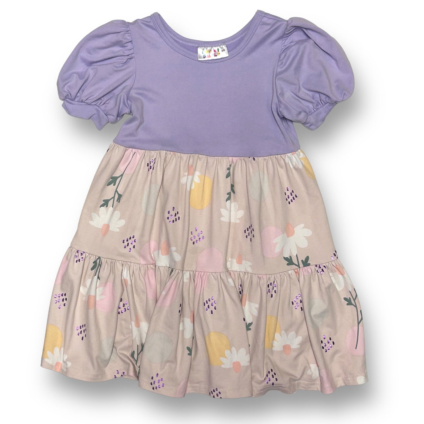 Dot Dot Smile Girls Size 3-4 Purple Floral Print Short Puff Sleeves Twirl Dress