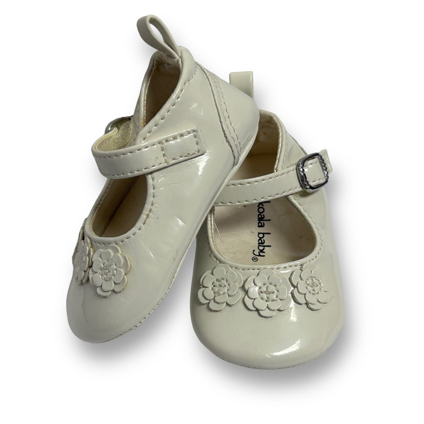Baby Girls White Patent Leather Shoes Size 1 Mary Janes with Flower Accent