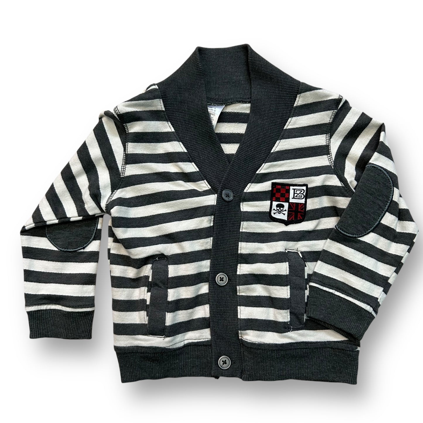 A boys' size 4 gray and white striped reinforced elbow cardigan with a small emblem on the left sleeve.