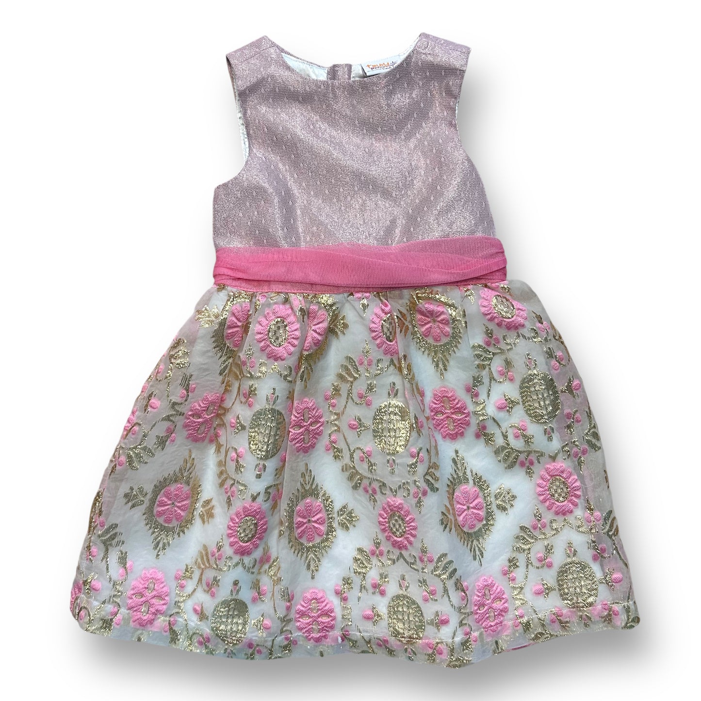 A sleeveless pink and gold floral fancy dress for girls, featuring a pineapple pattern and adorned with a pink bow and vine details.