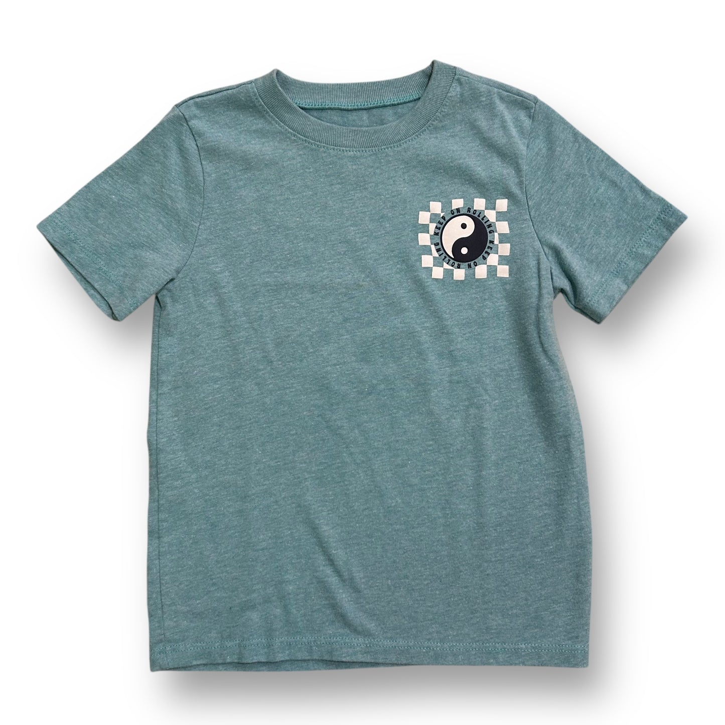 Aqua blue short-sleeved t-shirt with a black checkered pattern on the front and a black yin-yang symbol.