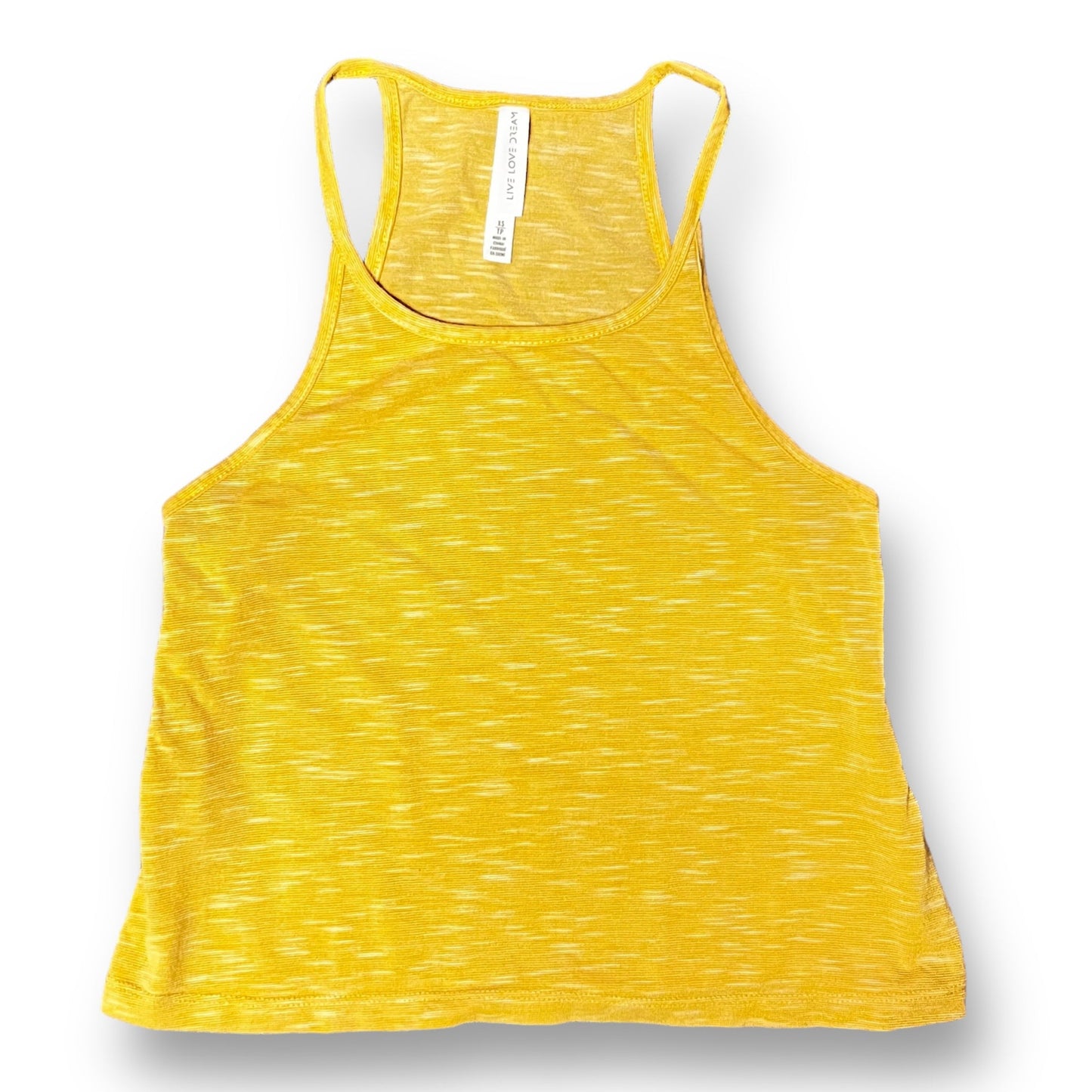 Women's yellow cropped halter tank top with live love dream text on the front