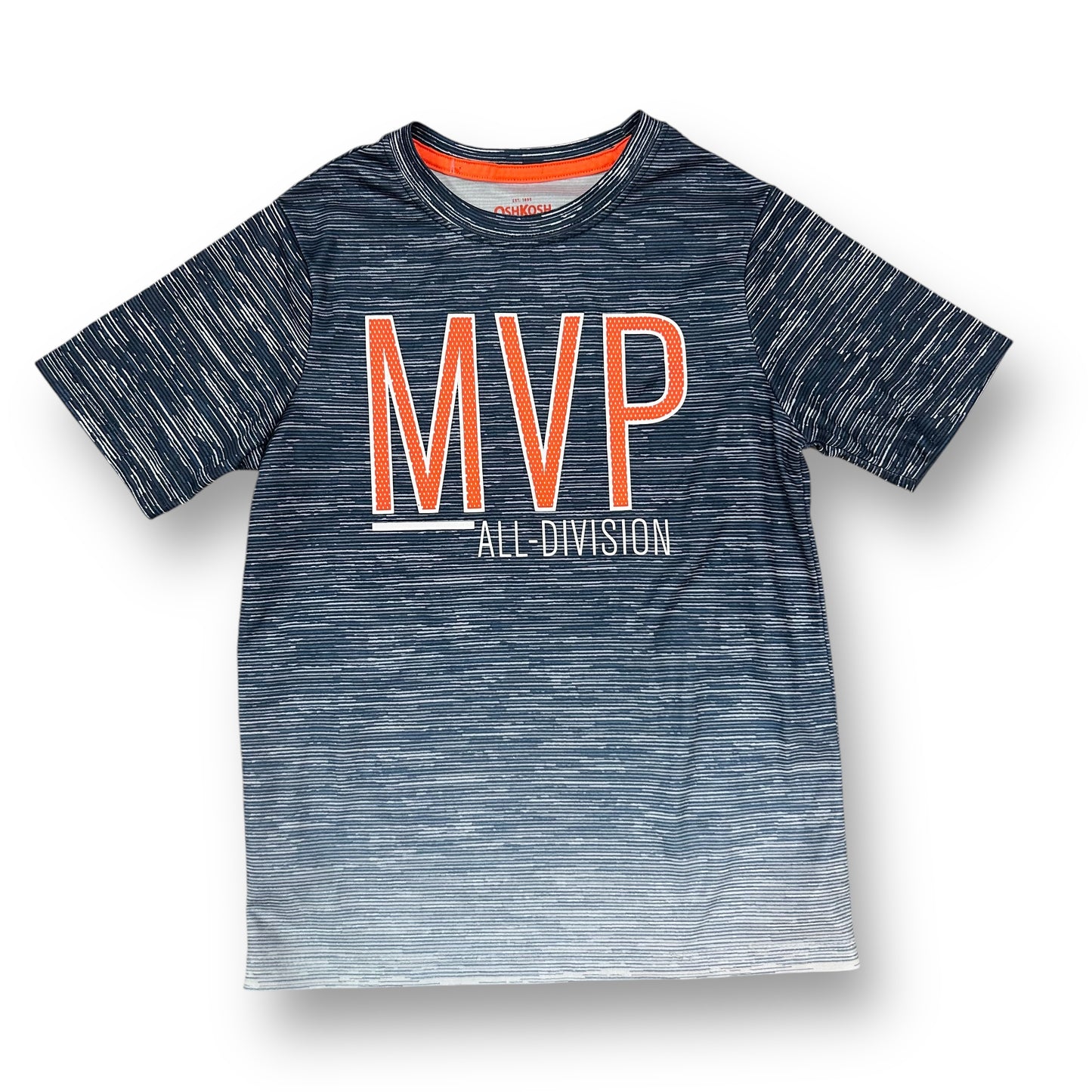 A short sleeve blue and gray athleticwear shirt with 'MVP' and 'ALL DIVISION' text on the front.