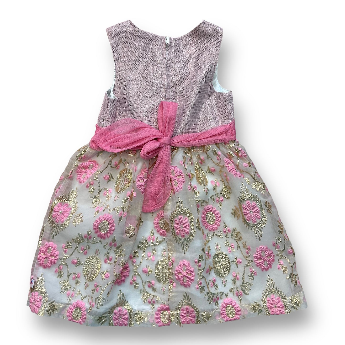 Girls 24 Months Satin Dress with Pink & Gold Embroidered Flowers and Ribbon