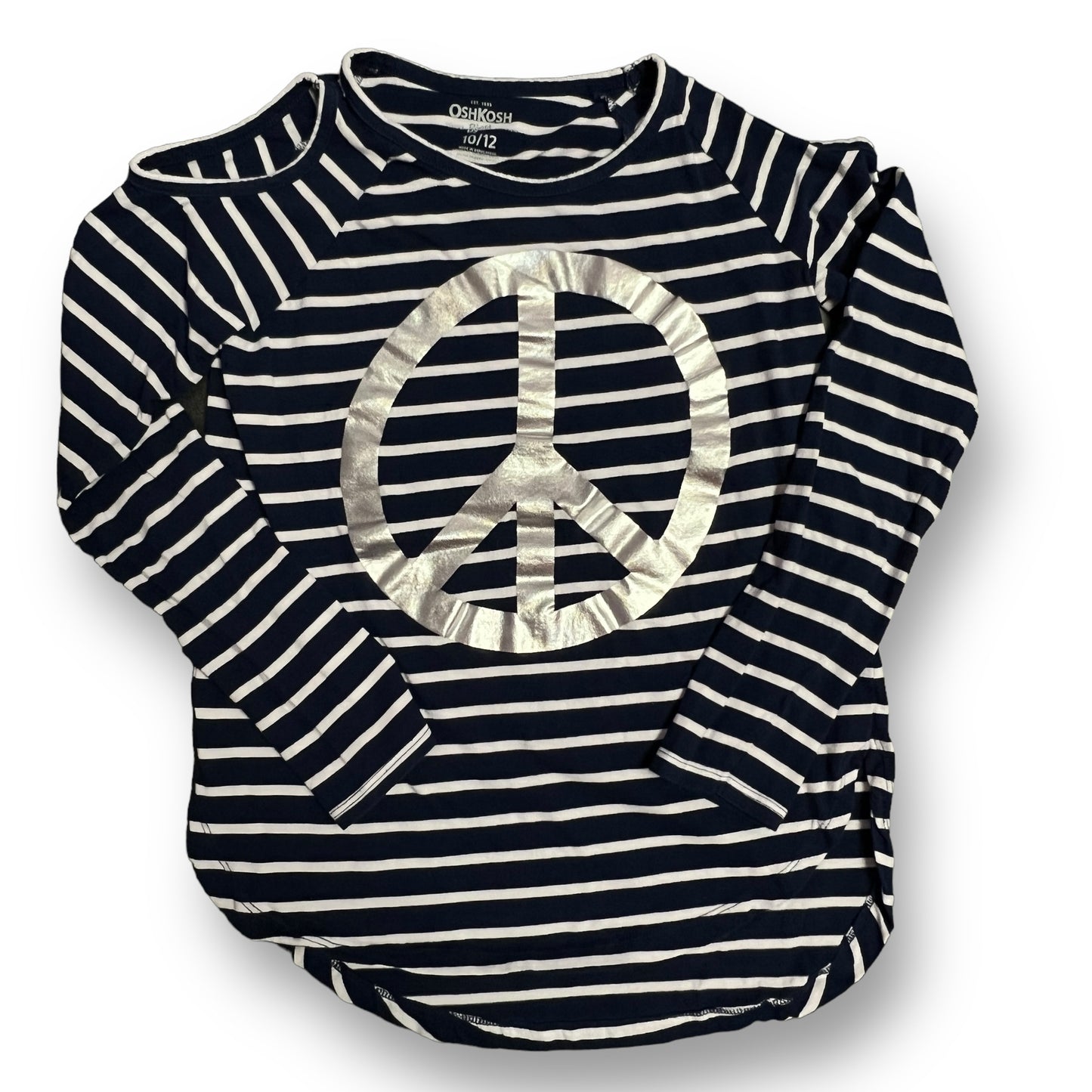 OshKosh Size 10/12 Youth Girls Navy Striped Peace Long Sleeve Cold Shoulder Top