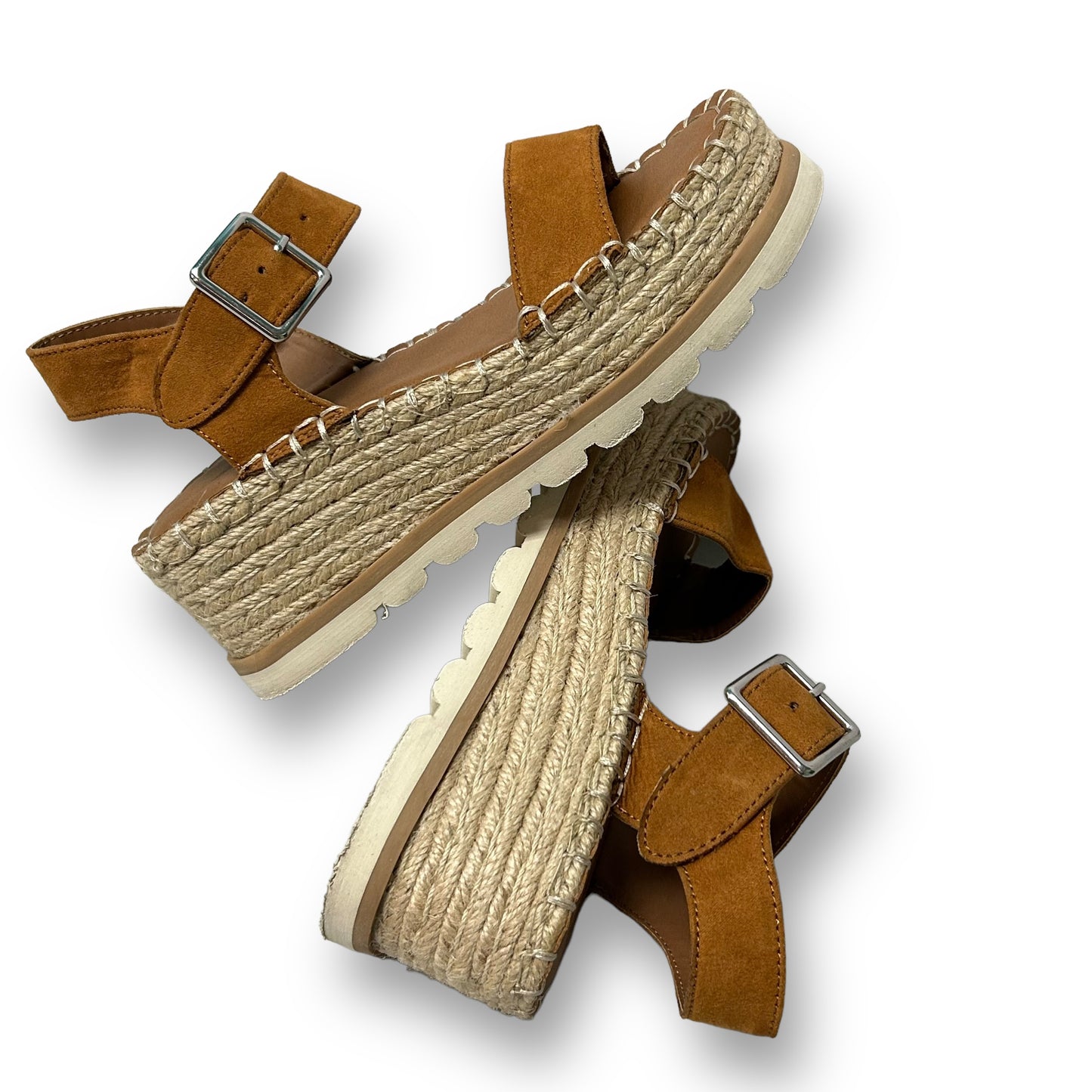 Youth Girls Size 5 Brown Faux Leather and Espadrille Hemp Wedge Sandals