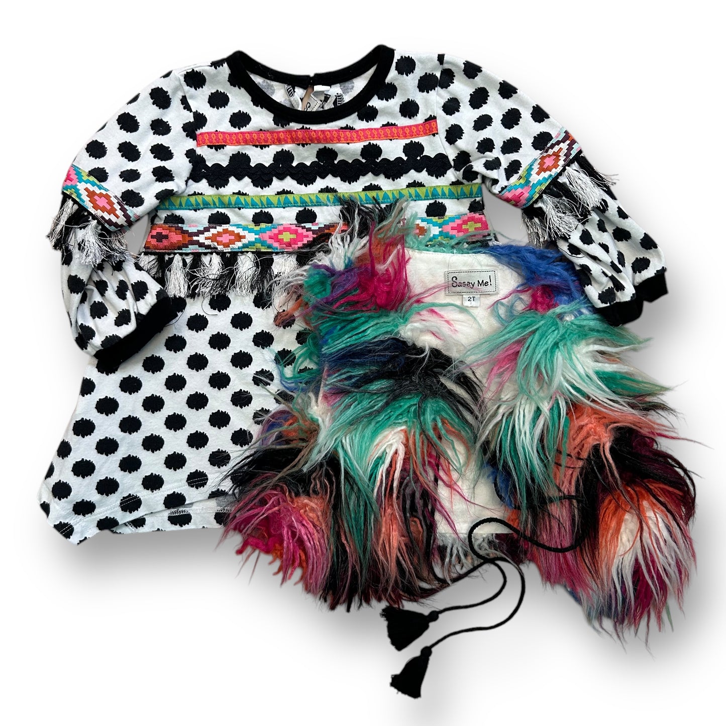 Sassy Me Girls 2T Colorful Two Piece Faux Fur Sweater and Polka Dot Tassel Top