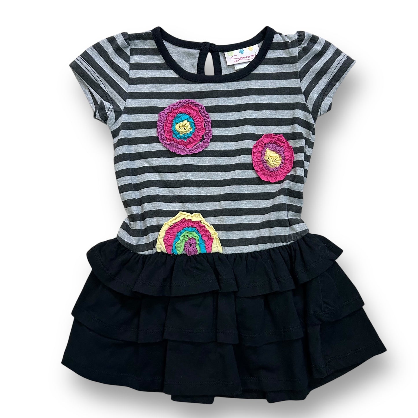 A girls' toddler sized 24 months striped ruffled specialty dress in black and gray with colorful flower appliques on the sleeves.