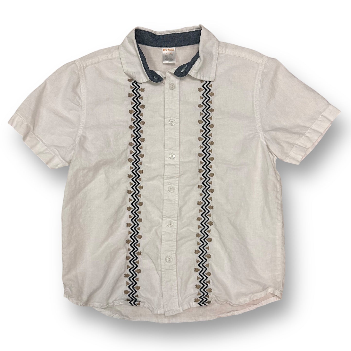 A white, short-sleeved boys' shirt with embroidered detailing and a button down collar.