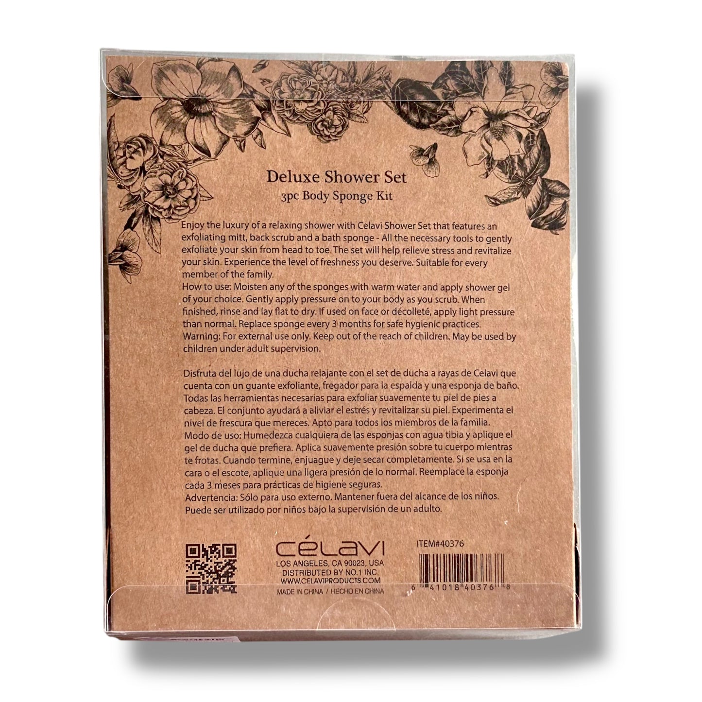 Celavi Deluxe Shower 3Pc Gift Set: Body Sponge, Back Scrub, and Exfoliating Mitt