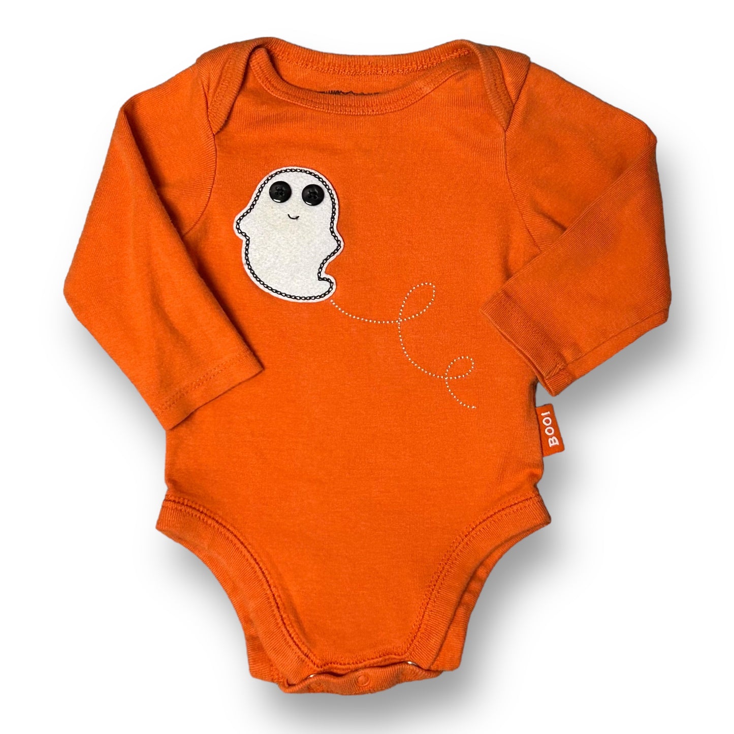 An orange bodysuit for boys size 0-3 months with a stitched ghost design on the front.