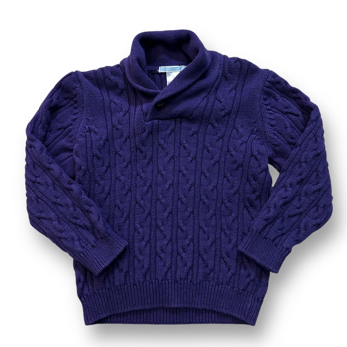 A dark purple heavy knit pullover sweater for boys, with a V-neck and long sleeves.