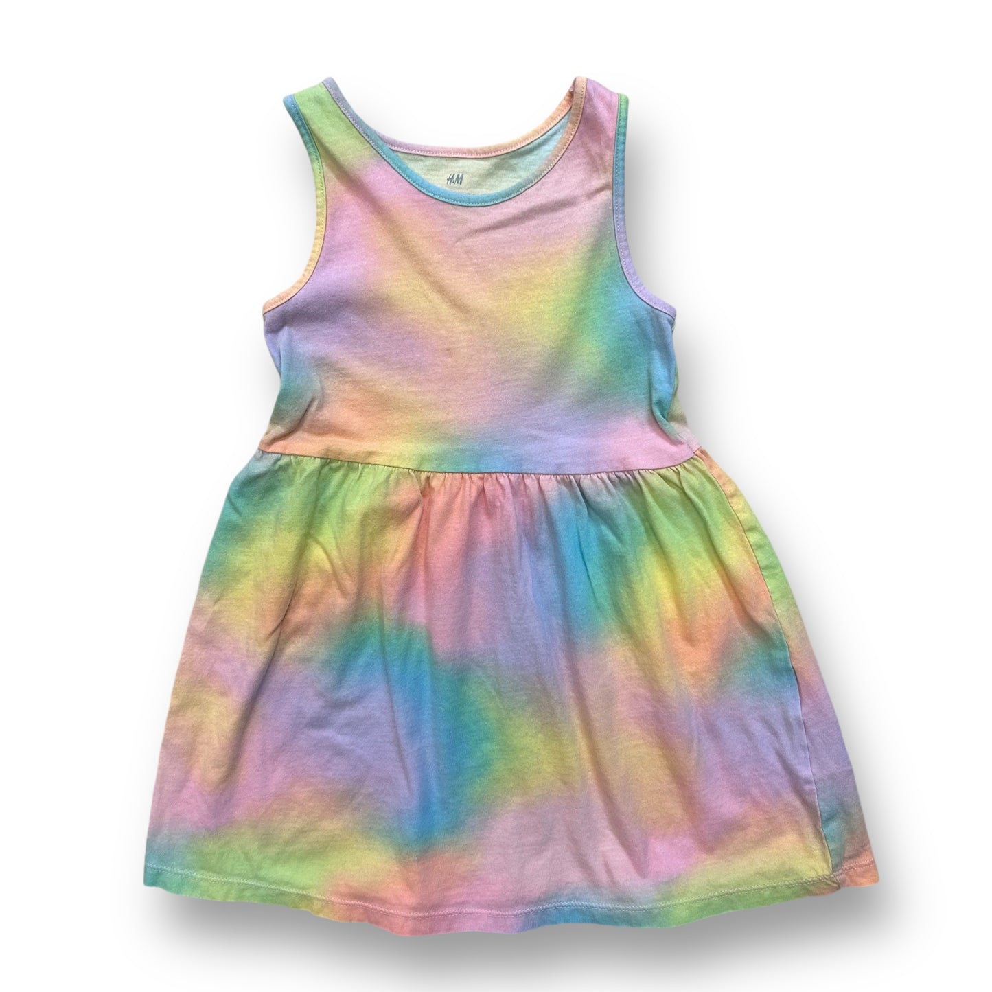 A sleeveless cotton dress with pastel tie-dye pattern in various colors, designed for a 3/4T girl.