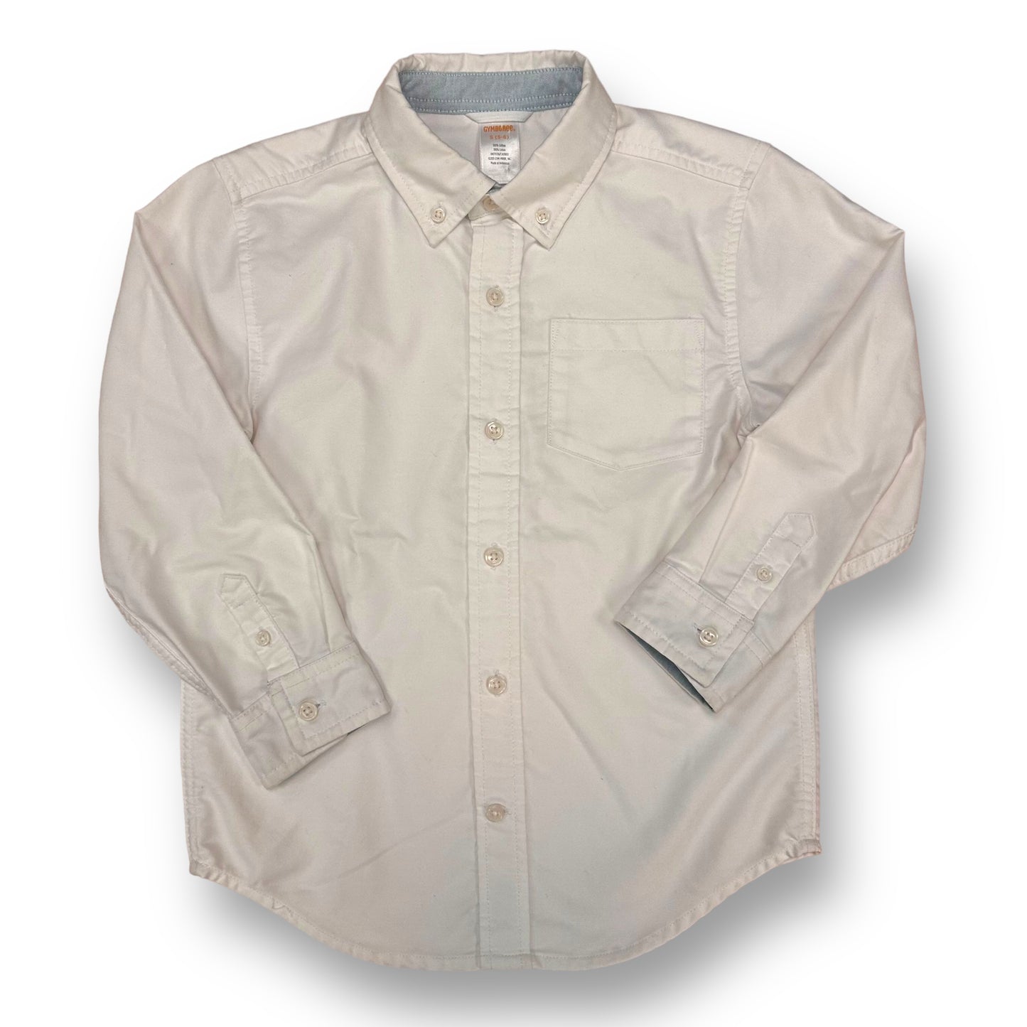 A white long sleeve button down dress shirt for boys, displayed on a plain background.