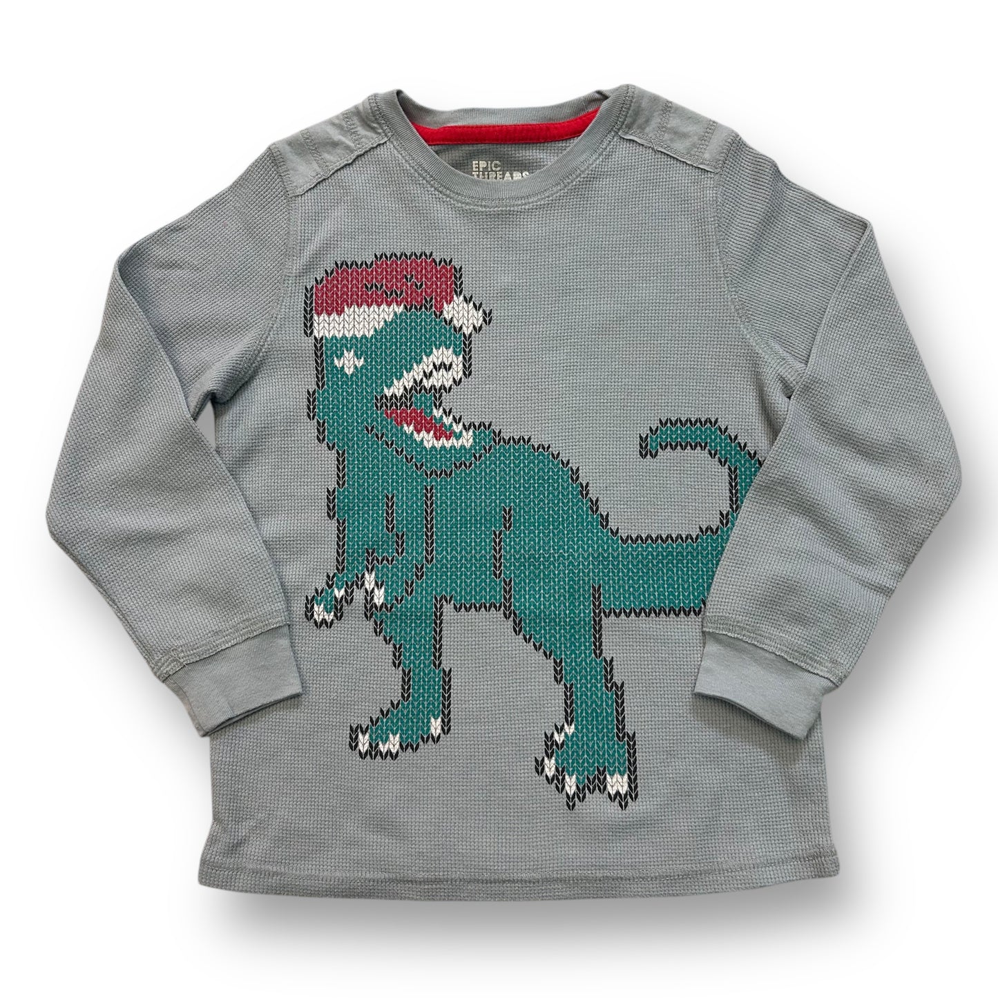 A long sleeve gray thermal shirt for boys with a Christmas themed dinosaur design.