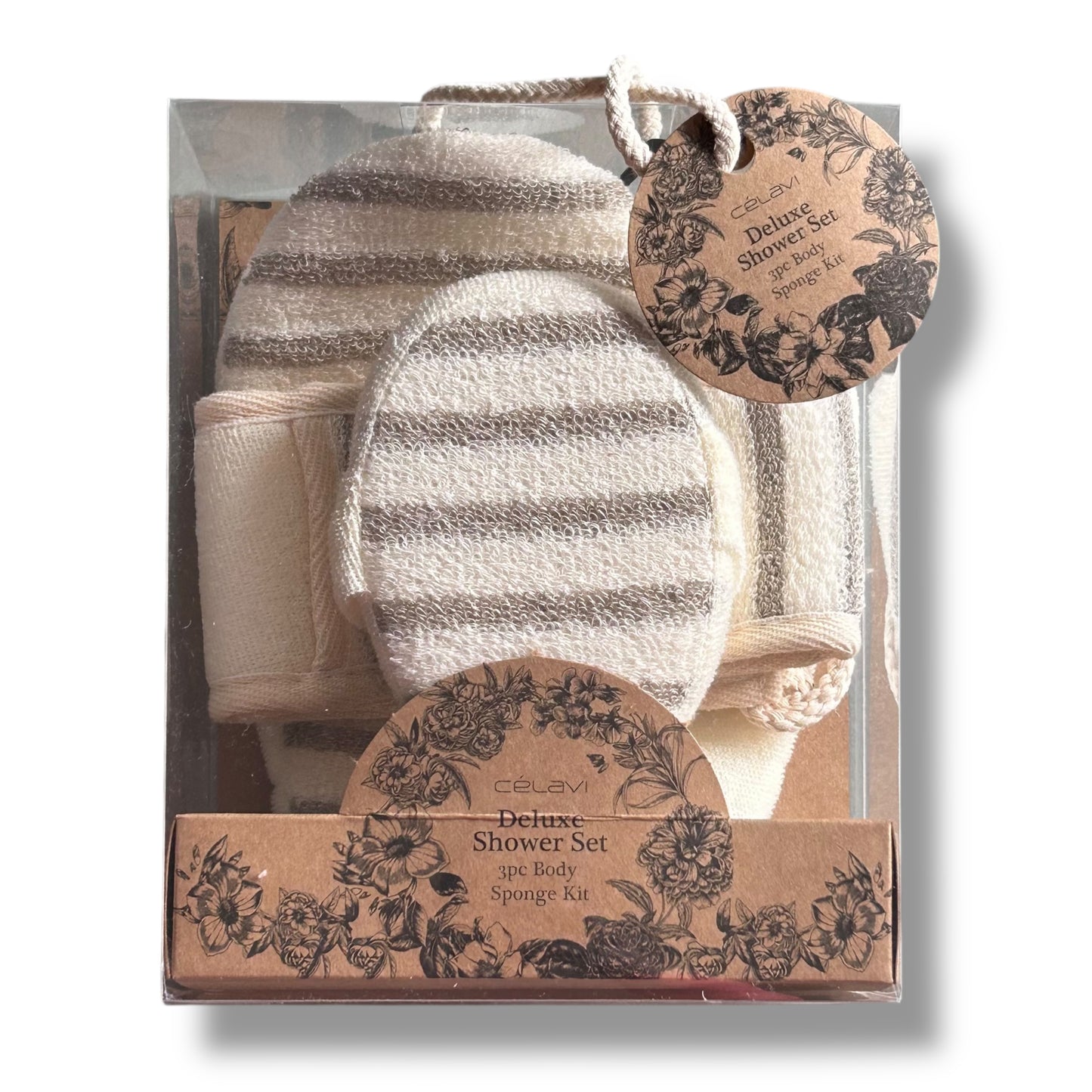 Celavi Deluxe Shower 3Pc Gift Set: Body Sponge, Back Scrub, and Exfoliating Mitt