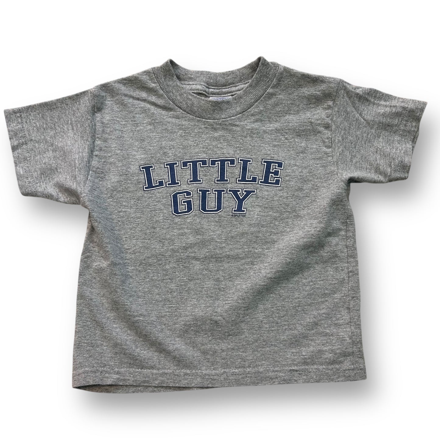 A gray short-sleeved t-shirt with 'LITTLE GUY' printed in blue text on the front.
