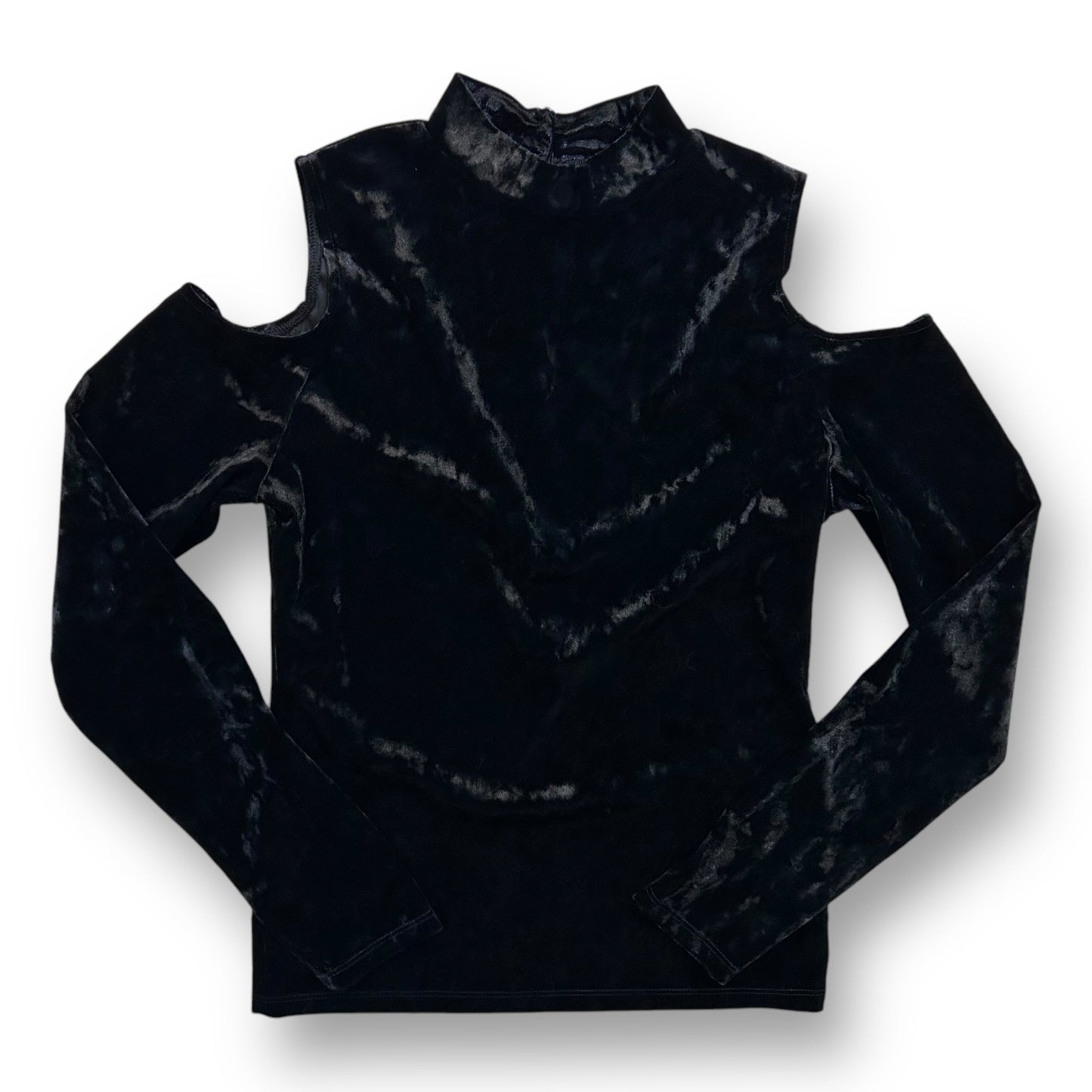 Women's size XS black crushed velvet cold shoulder top with long sleeves and a turtleneck.