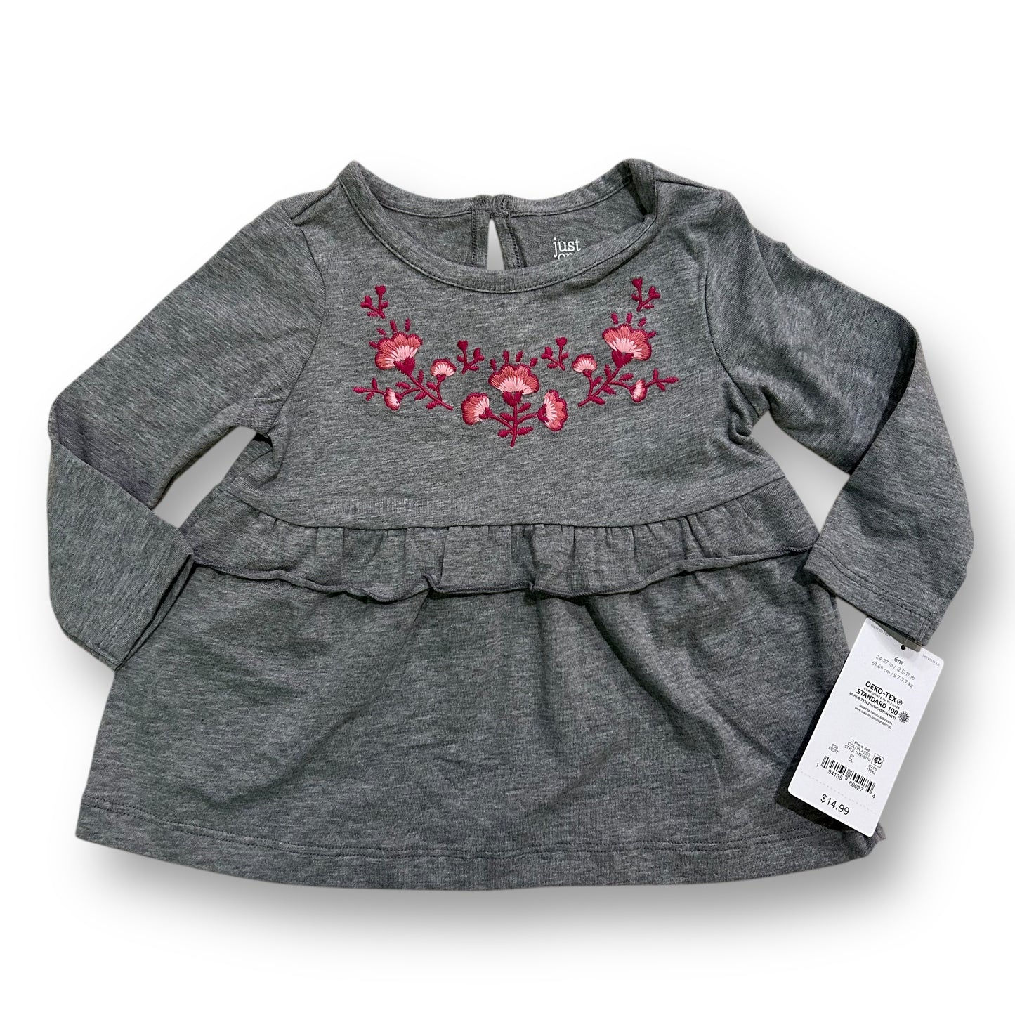 NEW! Baby Girl Size 6 Months Gray Embroidered Long Sleeve Babydoll Top