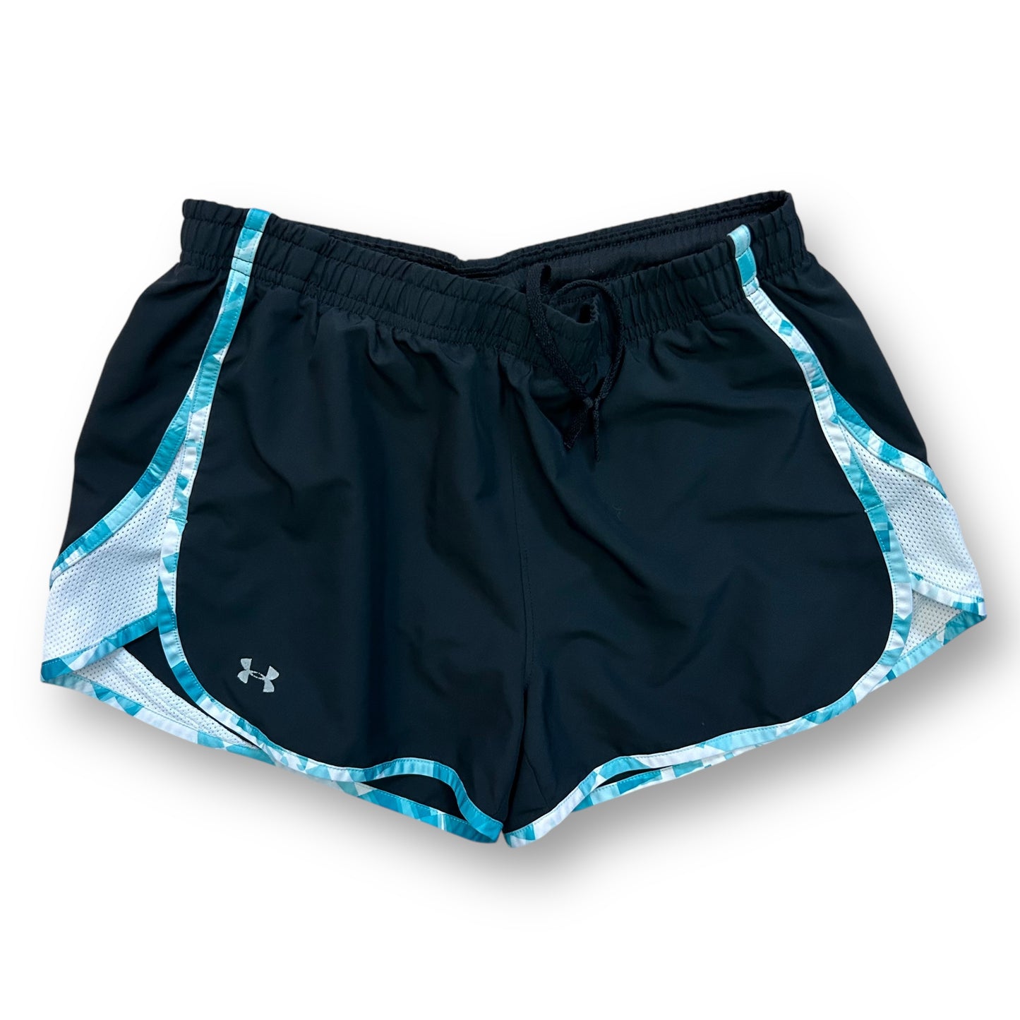 Under Armour women's size small black athletic running shorts with blue trim and brand logo on the bottom right.