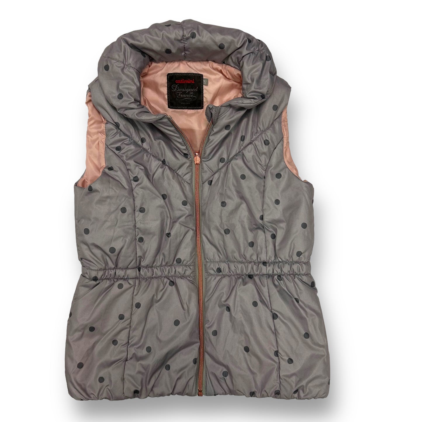 Catimini Boutique Girls Size 10 Gray Polka Dot Full Zip Puffer Vest