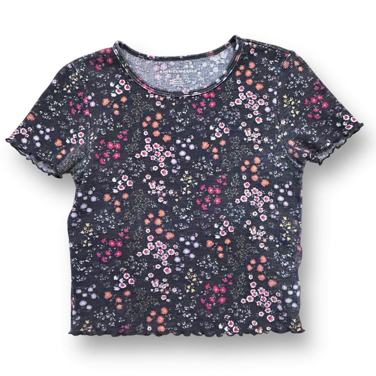 American Eagle Women's Size Small Top, featuring a gray floral print shirt with short sleeves and a round neckline.