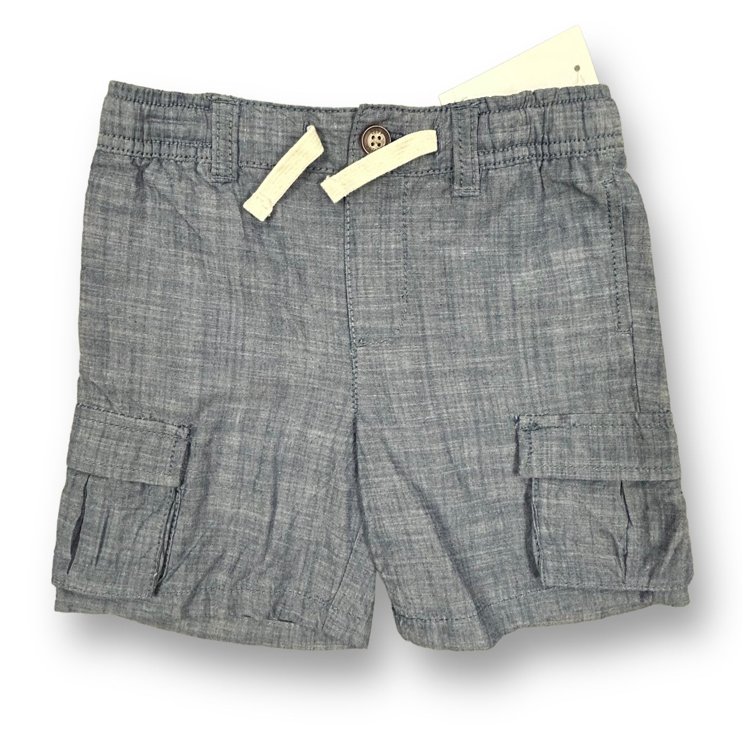 A pair of boys' khaki shorts with elastic waist, displayed on a flat surface.