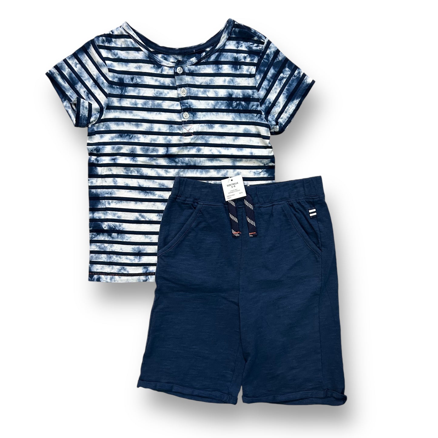 A dark blue striped henley top and navy blue shorts outfit for boys, size 5/6, with a striped pattern on the top and solid color on the shorts.