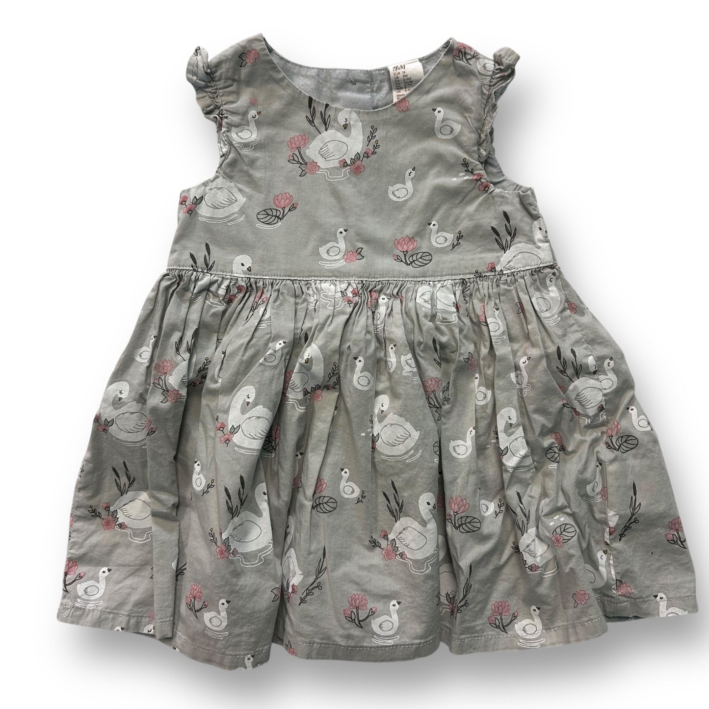 H&M Baby Girl 9 Months Sundress Gray Swan Print Lightweight Sleeveless Dress