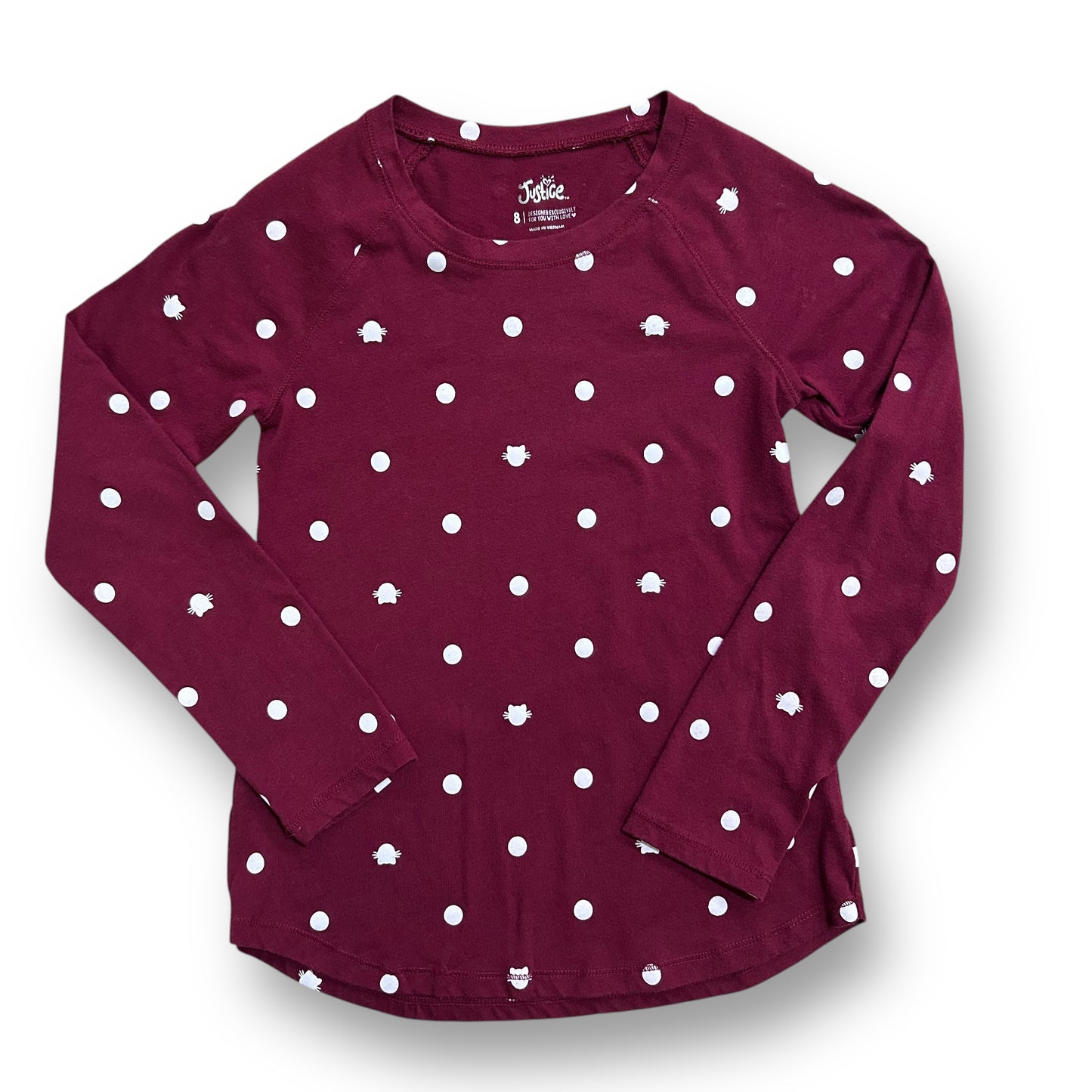 Justice Girls Size 7 Long Sleeve Shirt Maroon Kitty Print Top