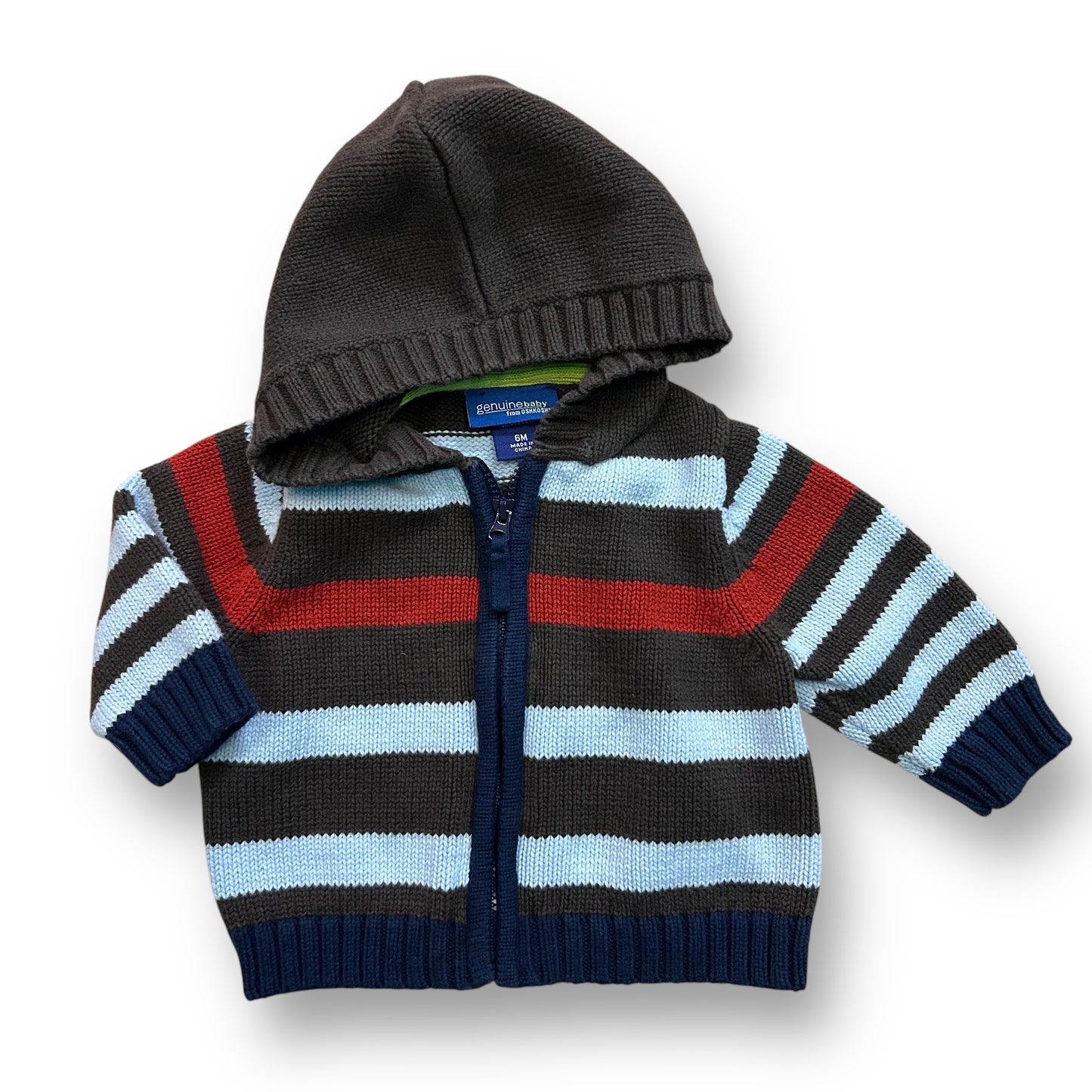 A striped zip-up hoodie sweater for a 6-month-old boy, with black and blue stripes and a hood.