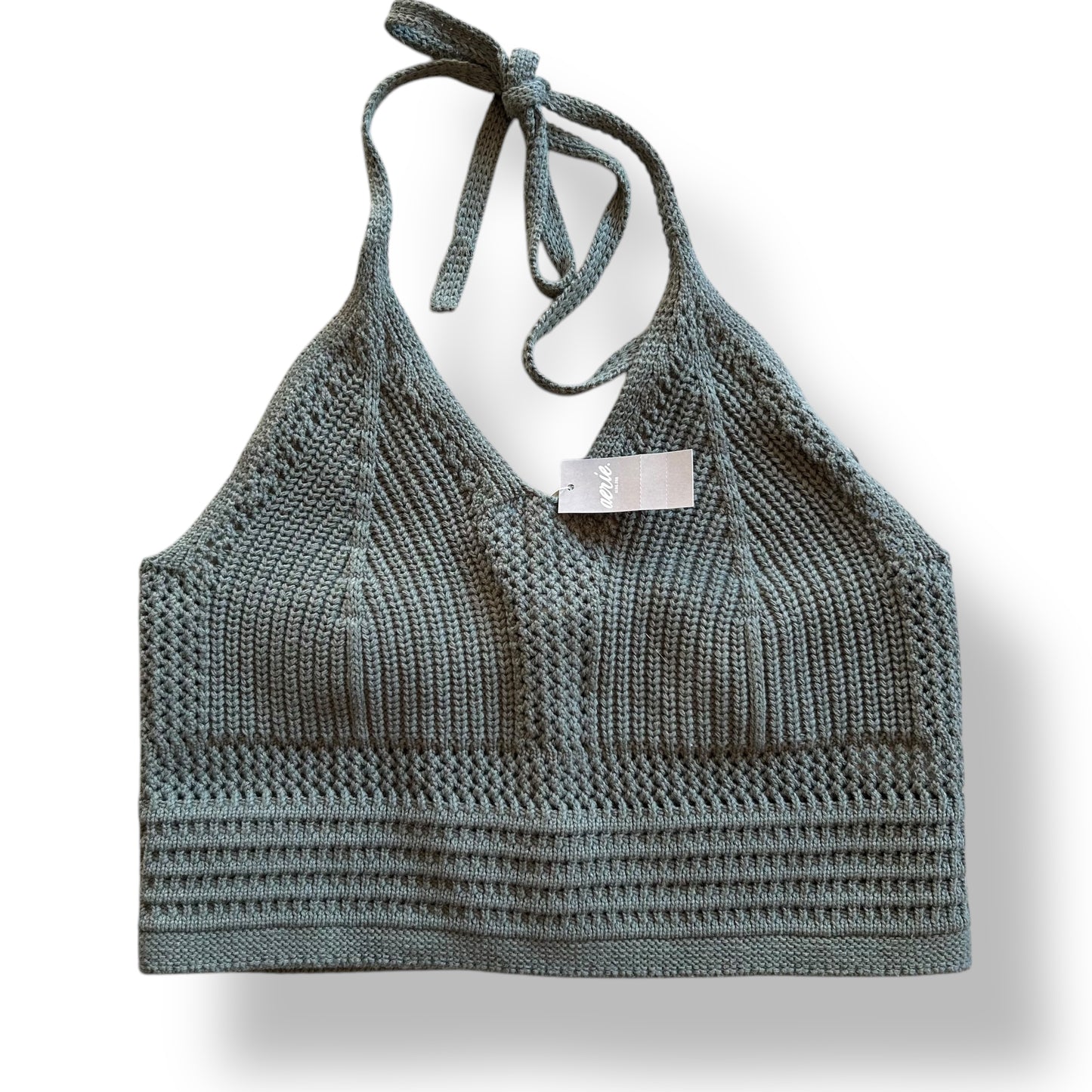 A dark green knit crochet crop top by Aerie, featuring a halter neckline and short straps.