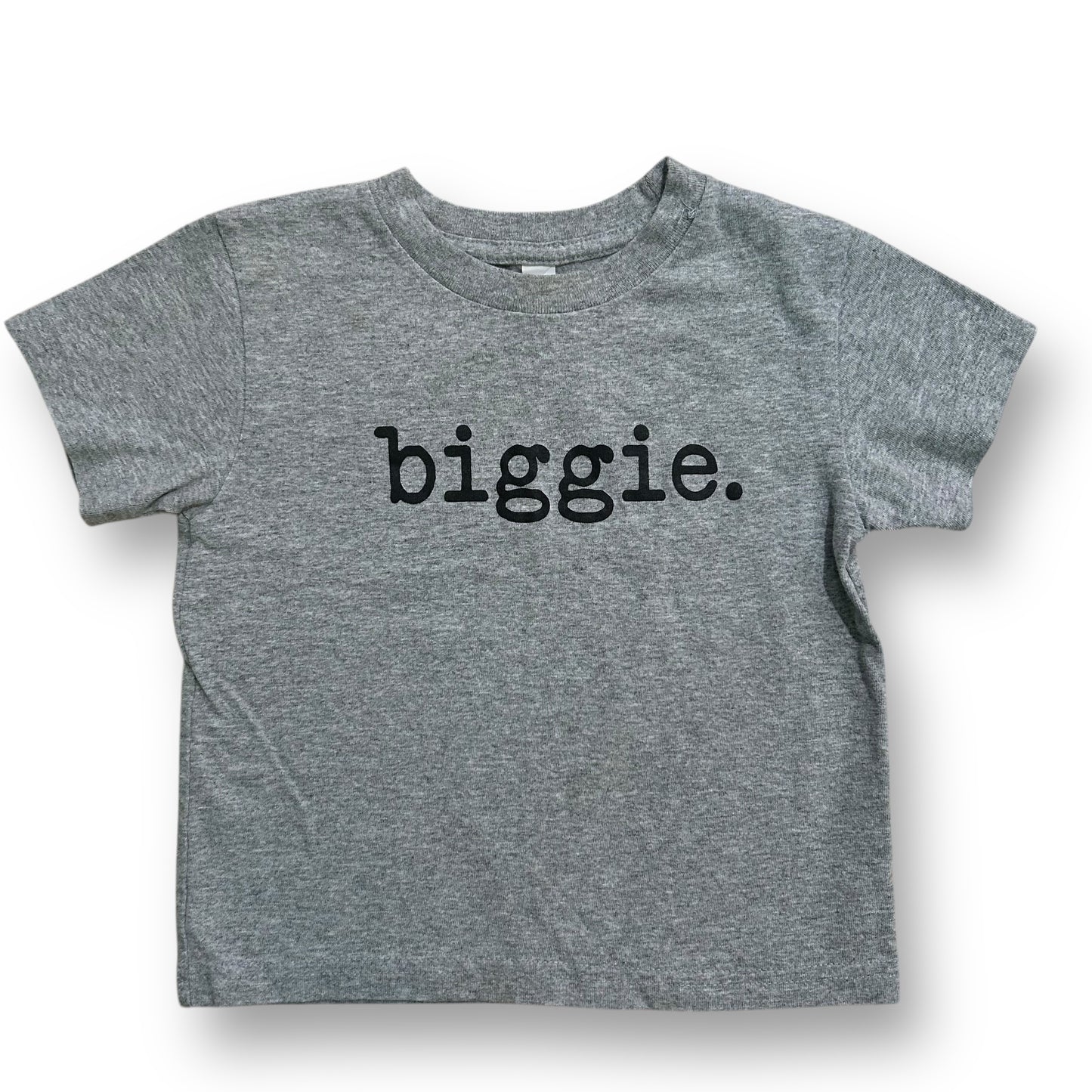 A short-sleeved light gray t-shirt with the word 'BIGGIE.' printed in black on the front.