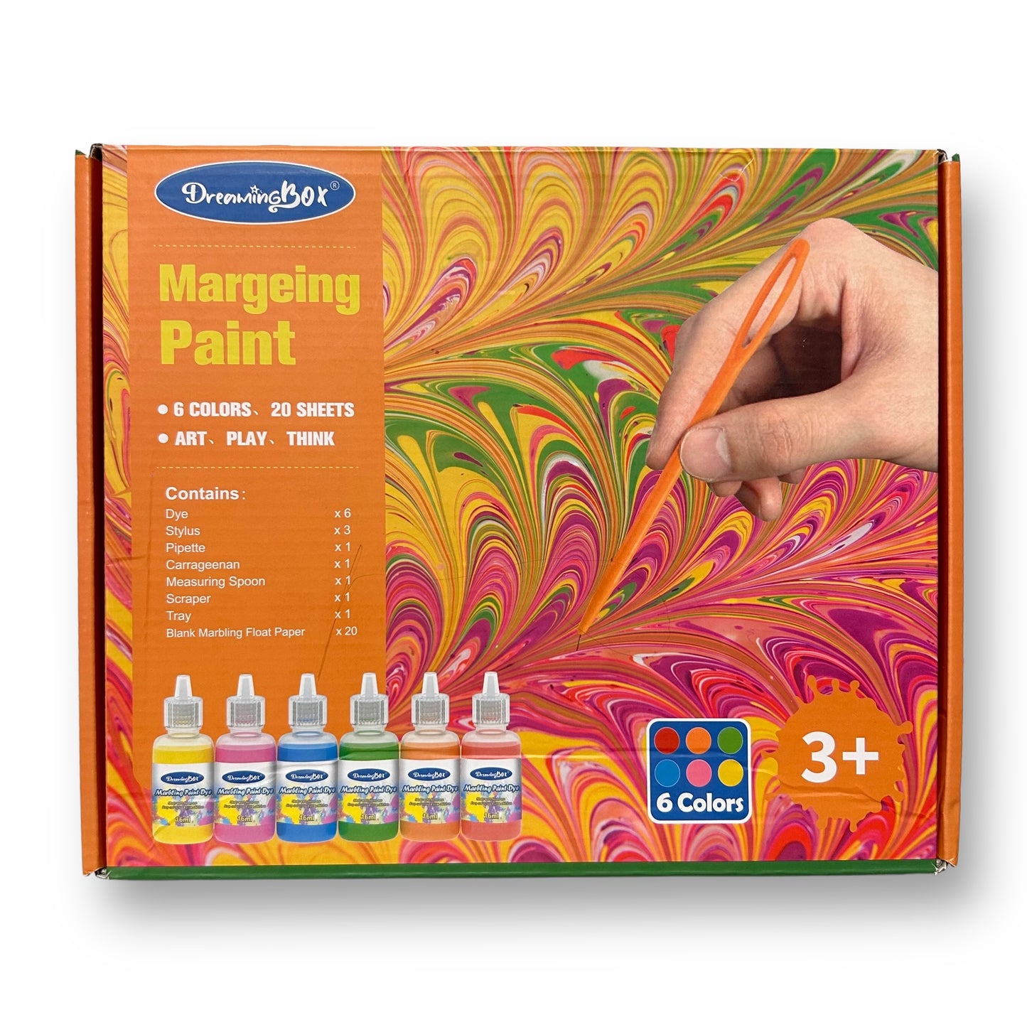 NEW! Dreaming Box Margeing Paint Kit - 6 Marbling Paint Colors, 20 Sheets, Tray