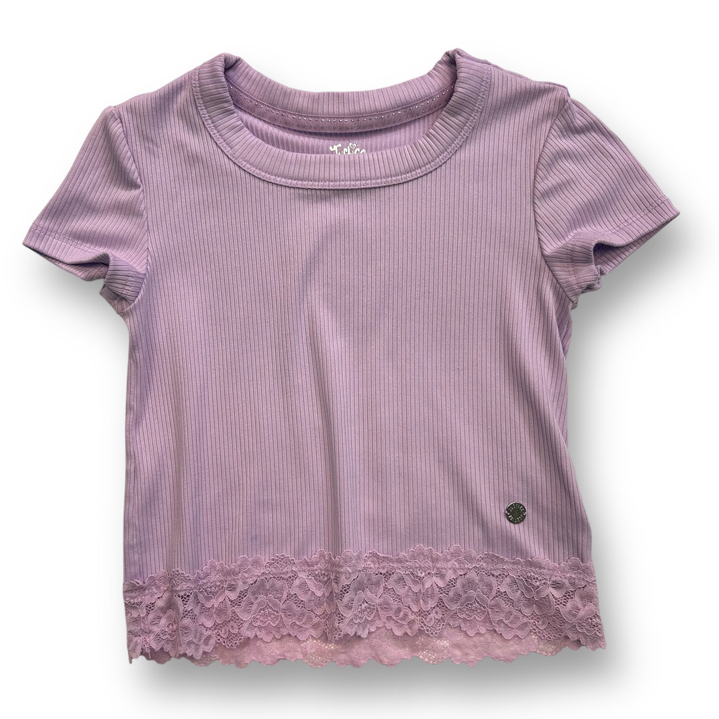 A purple t-shirt with short sleeves and a lace-up neckline.