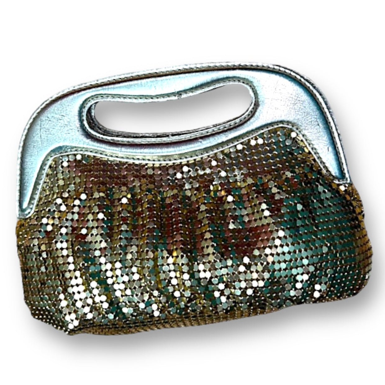 Gold metallic sequin mesh clutch handbag with a silver handle.
