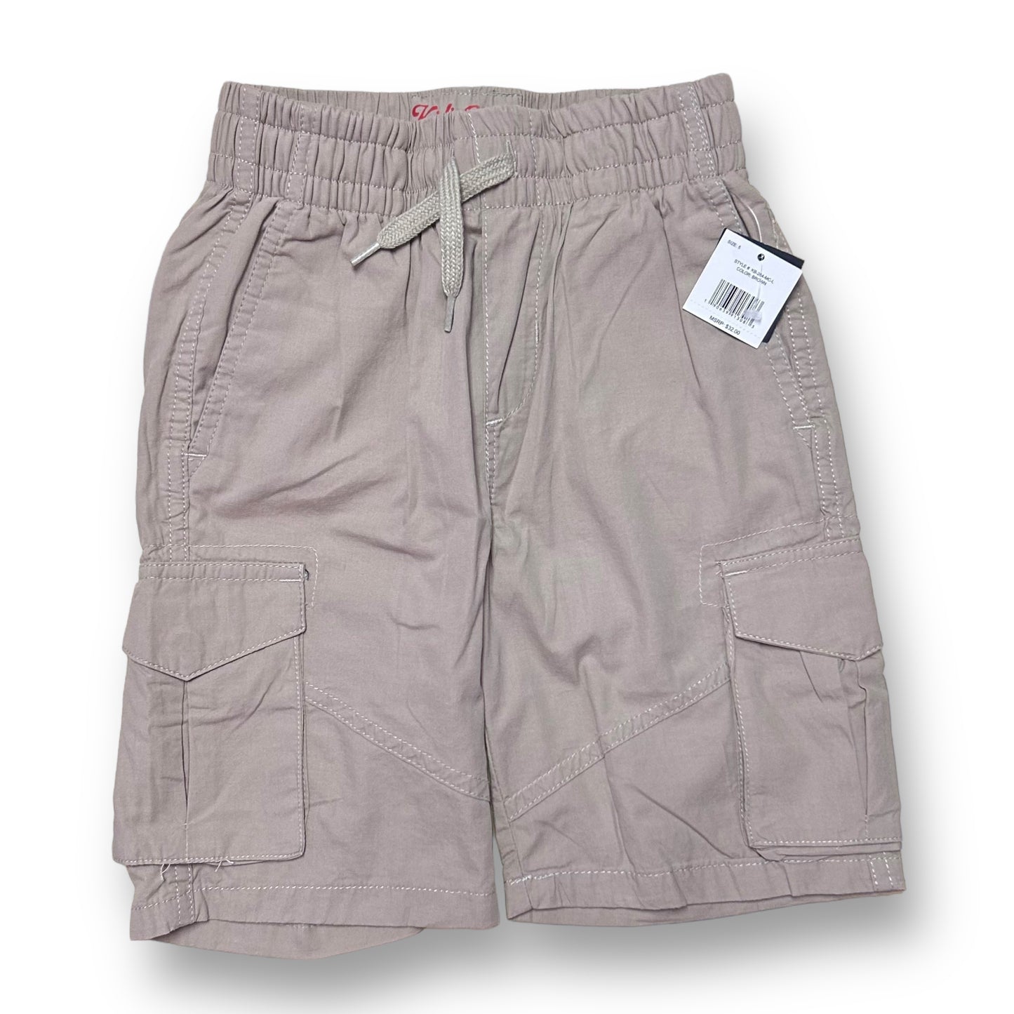 Khaki elastic band cargo shorts for boys, displayed with a visible brand tag.