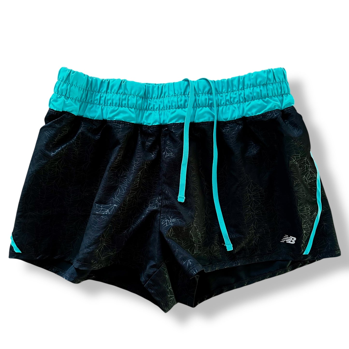 Black shorts with teal drawstring and waistband on a white background