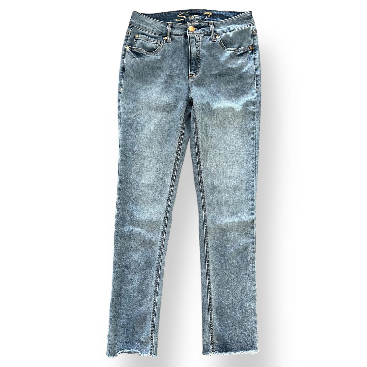 Pair of Seven7 Jeans light blue pants on a white background