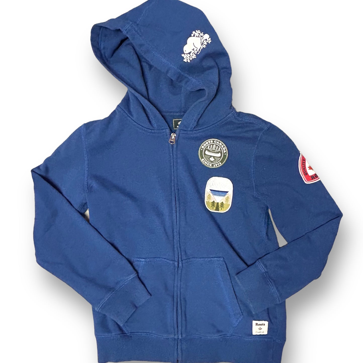 Roots Brand Youth Boys Size 10/12 (9-10Y) Patch Accent Blue Full Zip Hoodie