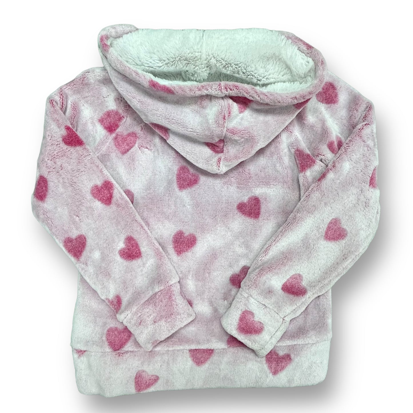 Girls Size 7/8 Velour Sweatshirt Pink Heart Print Sherpa Lined Pullover Hoodie