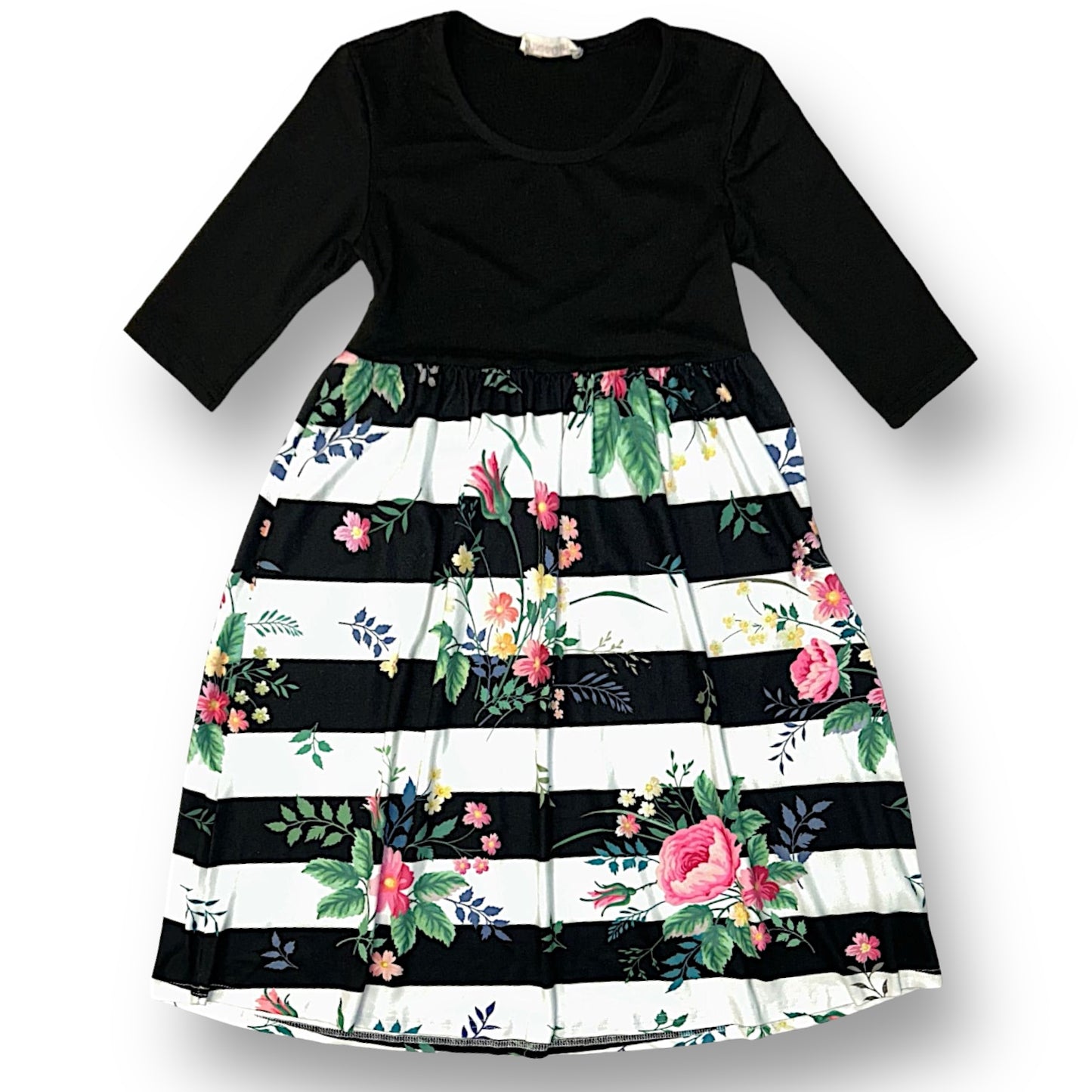 Pixie Girl Girls Size 5/6 Floral Print Black and White 3/4 Sleeve Long Dress