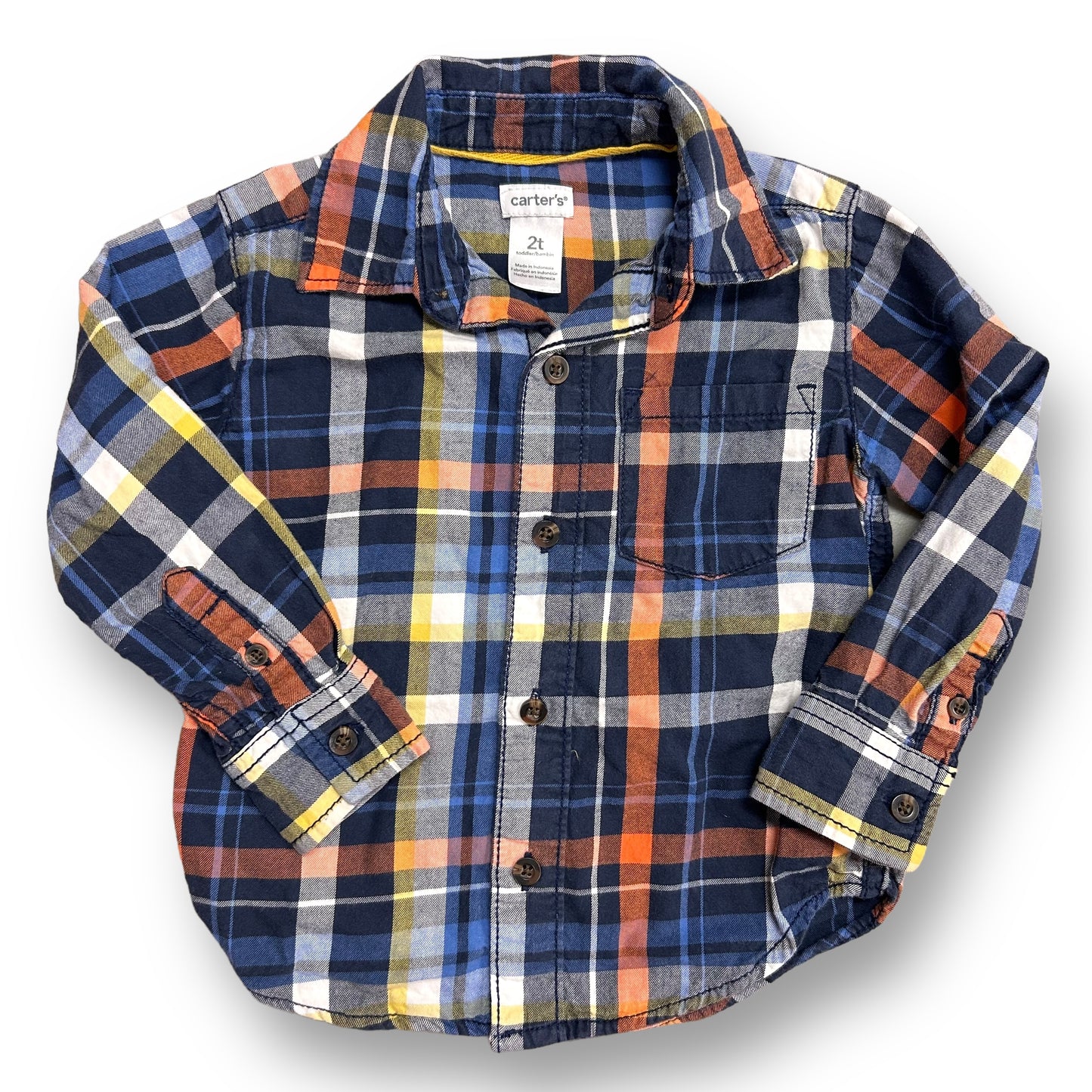 Carter's Boys Size 2T Orange and Navy Plaid Soft Knit Button Up Shirt